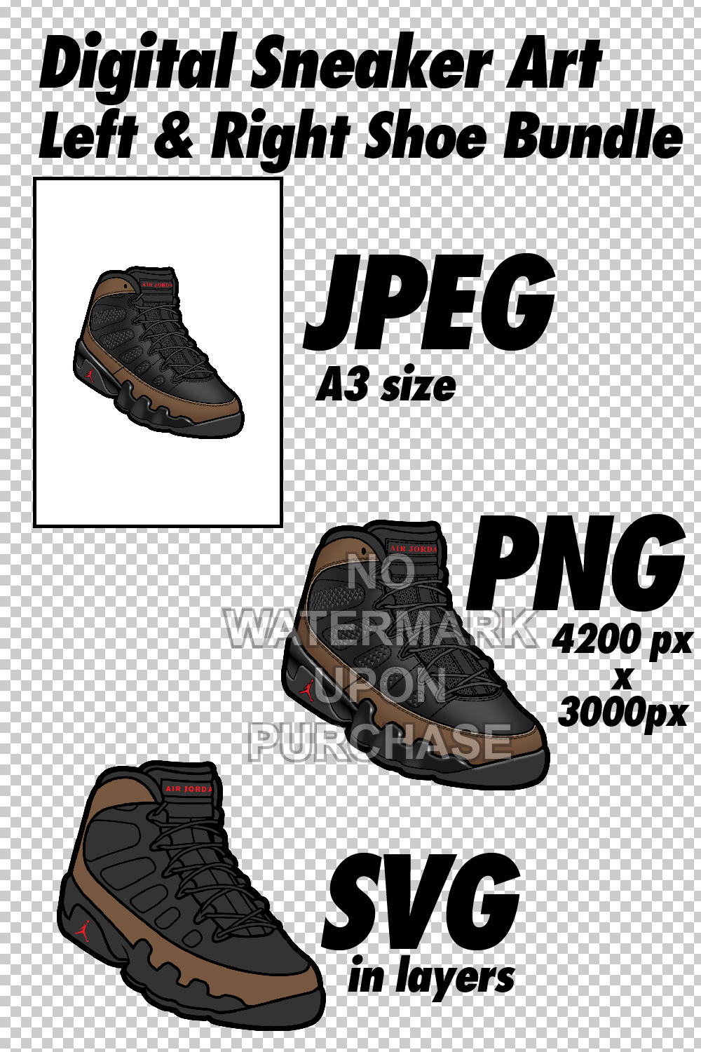Air Jordan 9 Olive JPEG PNG SVG Digital Sneaker Art pinterest preview image.