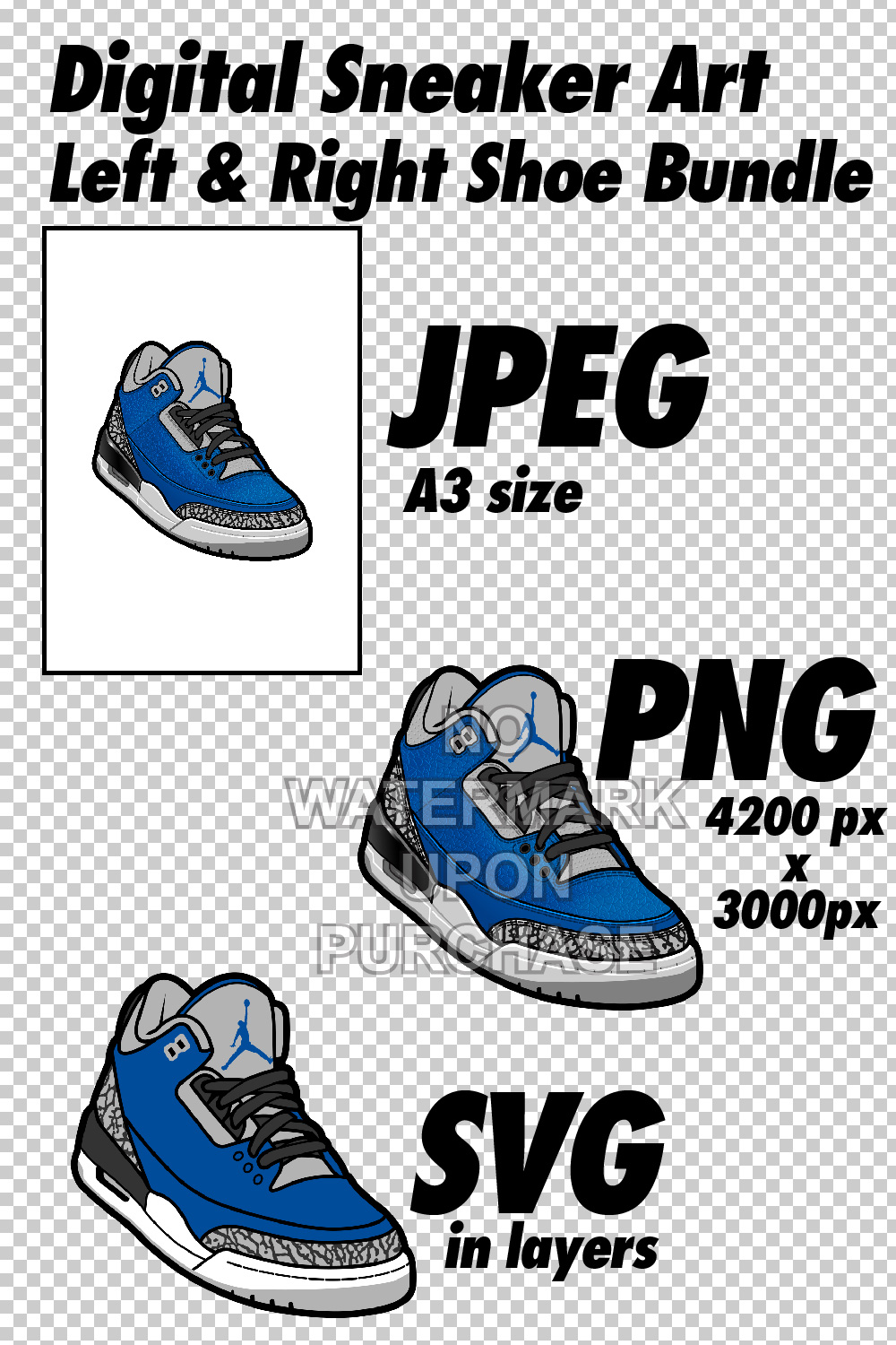 Air Jordan 3 Varsity Royal JPEG PNG SVG digital sneaker art pinterest preview image.