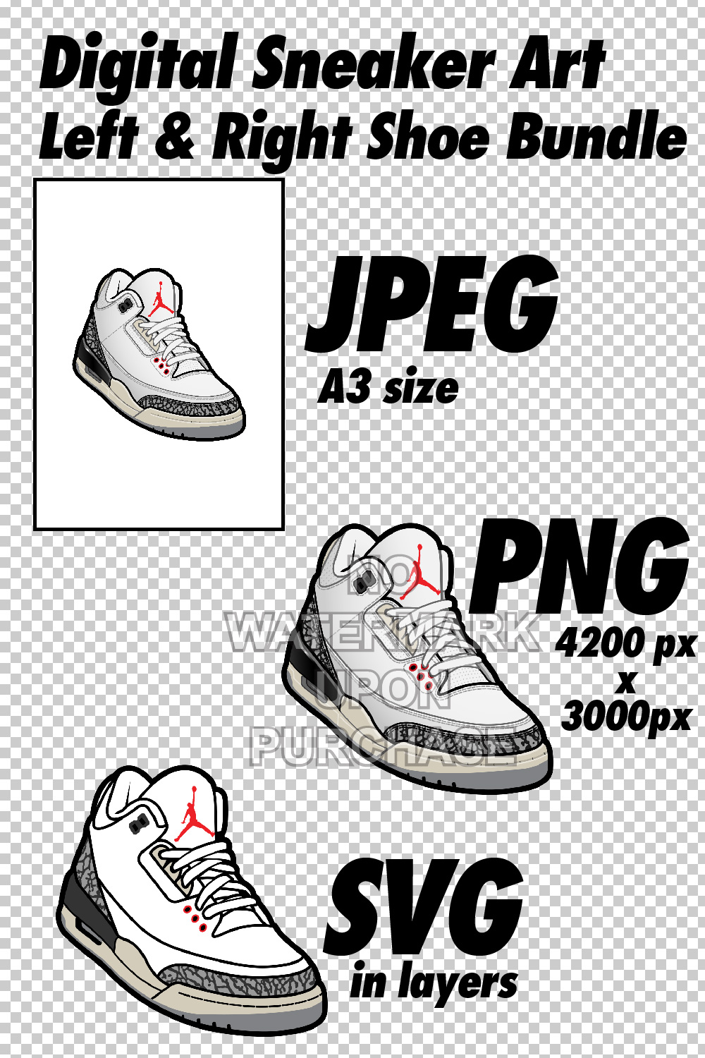 Air Jordan 3 White Cement OG & Reimagined JPEG PNG SVG Digital Sneaker Art pinterest preview image.