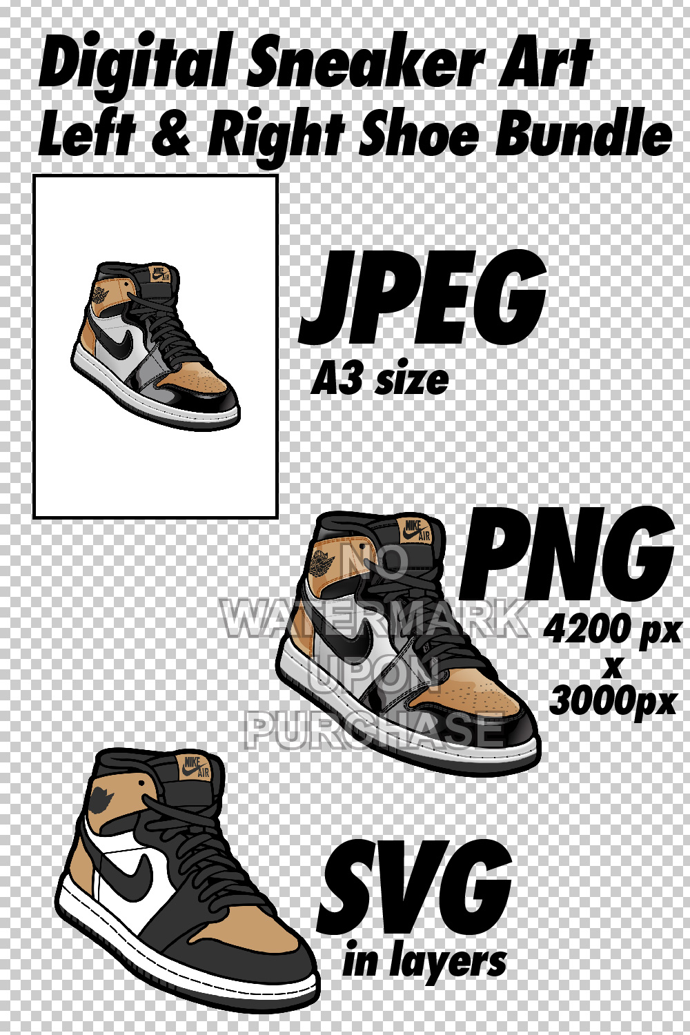 Air Jordan 1 Gold Toe JPEG PNG SVG digital sneaker art pinterest preview image.