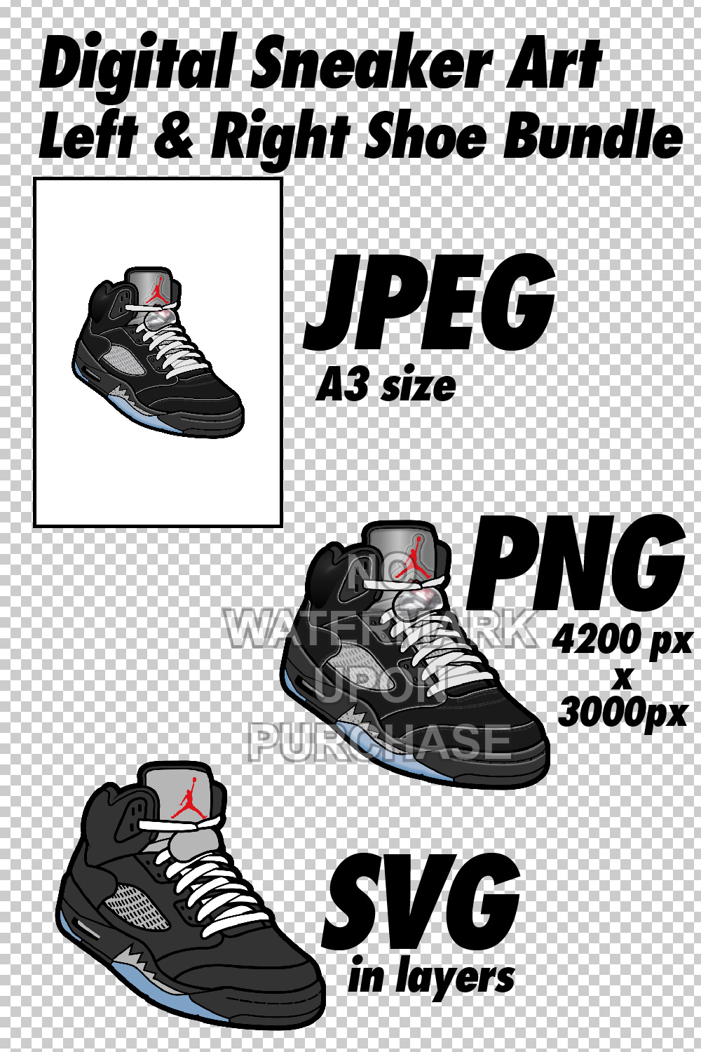 Air Jordan 5 Black Metallic Reimagined JPEG PNG SVG digital sneaker art pinterest preview image.