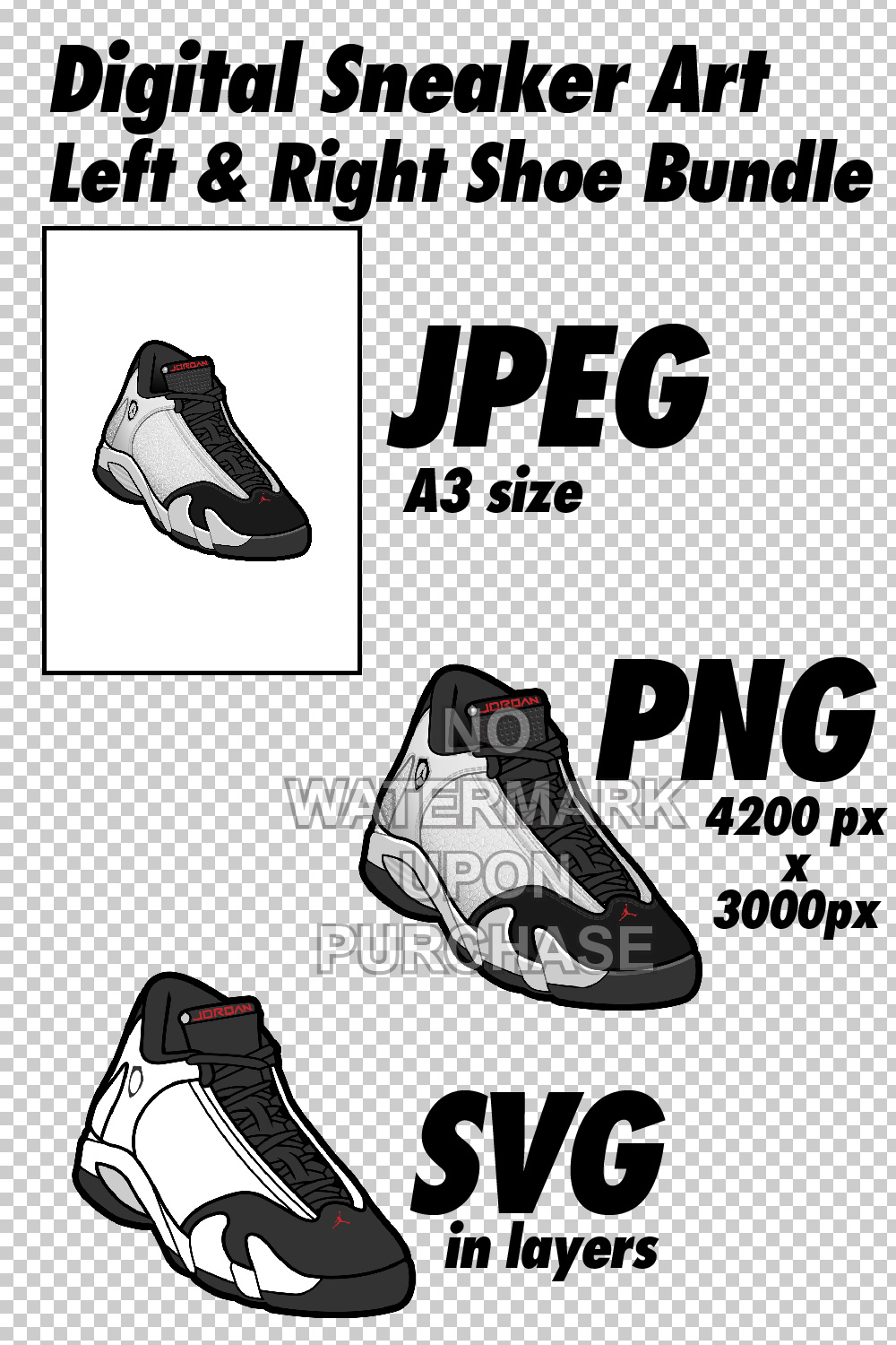Air Jordan 14 Black Toe JPEG PNG SVG digital sneaker art pinterest preview image.