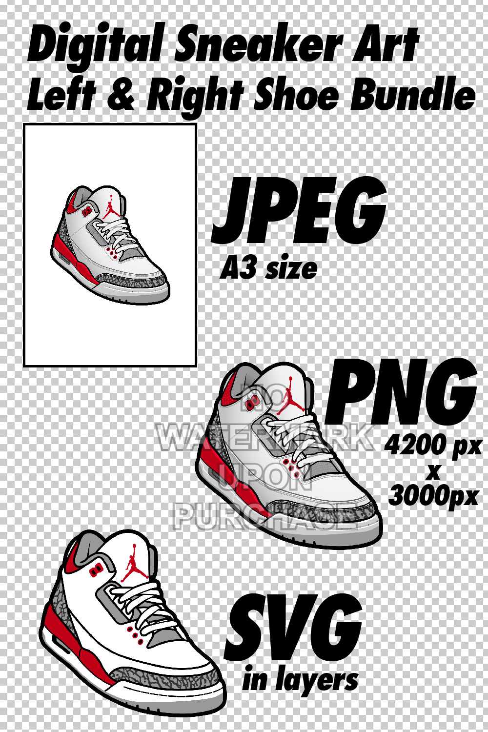 Air Jordan 3 Fire Red OG & 2022 version JPEG PNG SVG Digital sneaker art pinterest preview image.