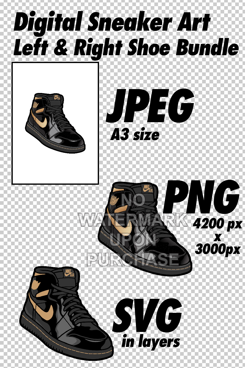 Air Jordan 1 Black Metallic Gold JPEG PNG SVG digital sneaker art pinterest preview image.