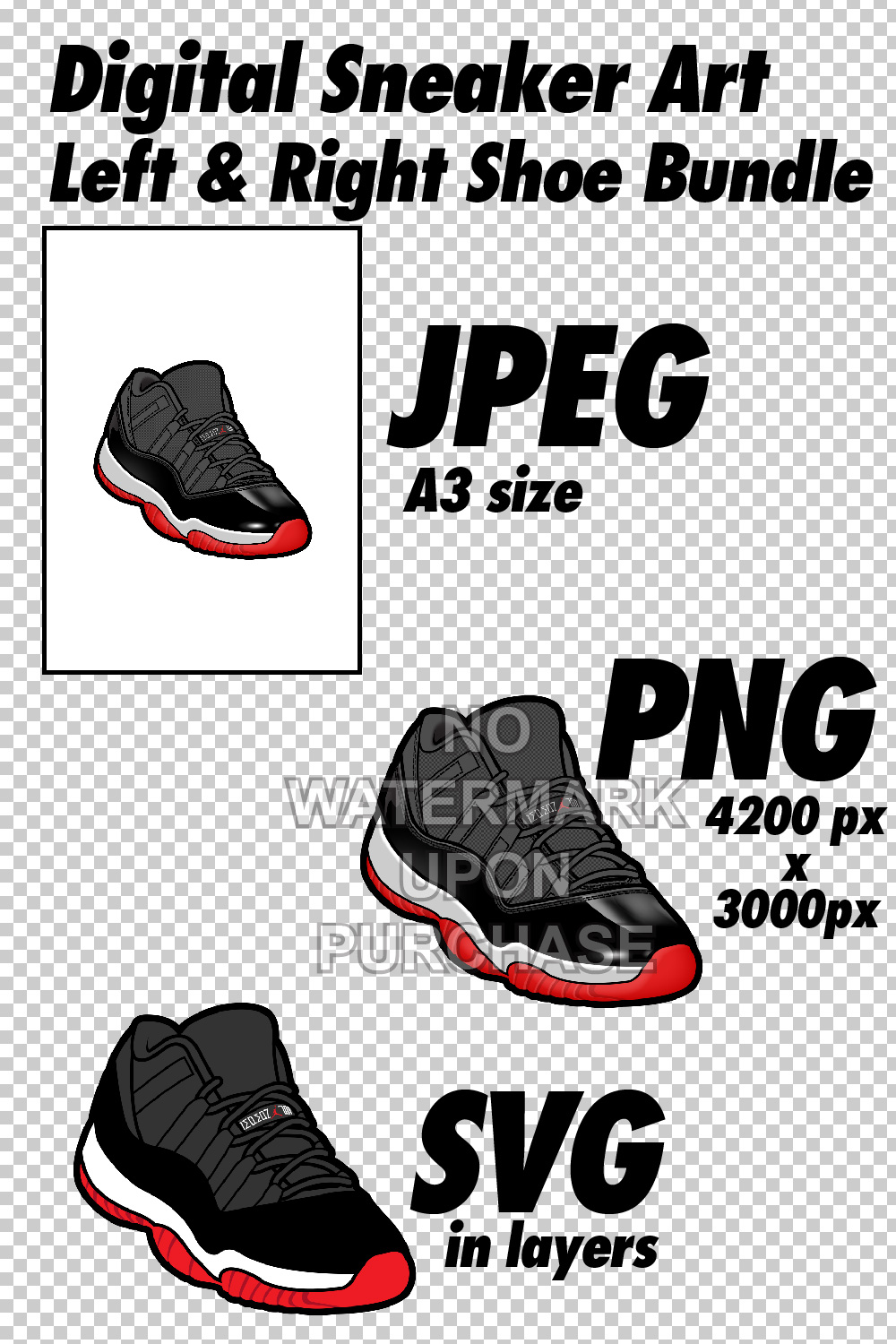 Air Jordan 11 Low Bred 2025 JPEG PNG SVG digital sneaker art pinterest preview image.