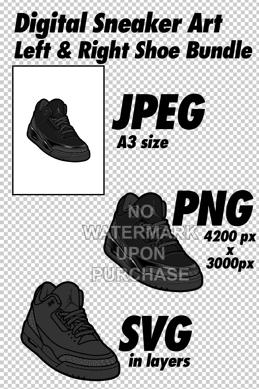 Air Jordan 3 Black Cat in JPEG, PNG, SVG digital sneaker art pinterest preview image.