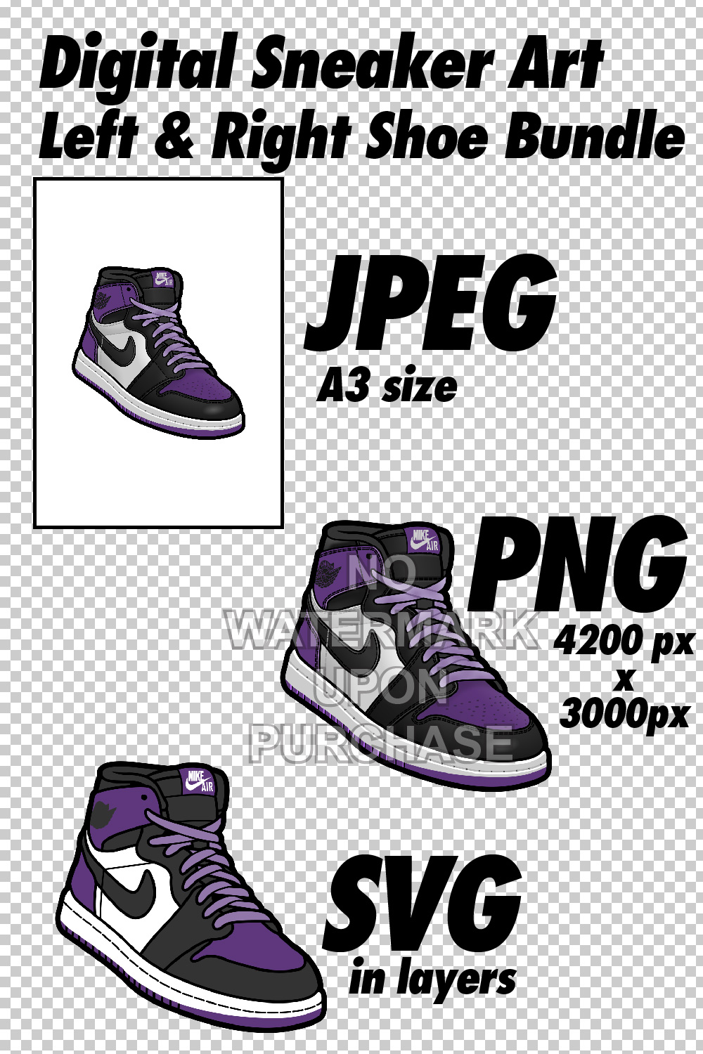 Air Jordan 1 Purple Toe JPEG PNG SVG (with lace swap) digital sneaker art pinterest preview image.