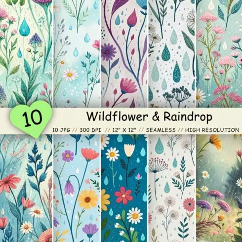 Wildflower & Raindrop Symphony Patterns – Seamless Digital Paper cover image.