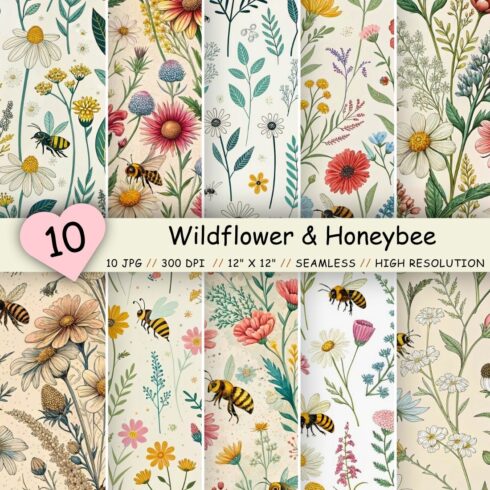 Wildflower & Honeybee Harmony Patterns, Seamless Digital Paper cover image.