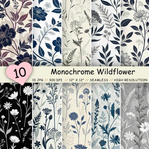 Monochrome Wildflower Silhouettes Pattern, Seamless Digital Paper cover image.