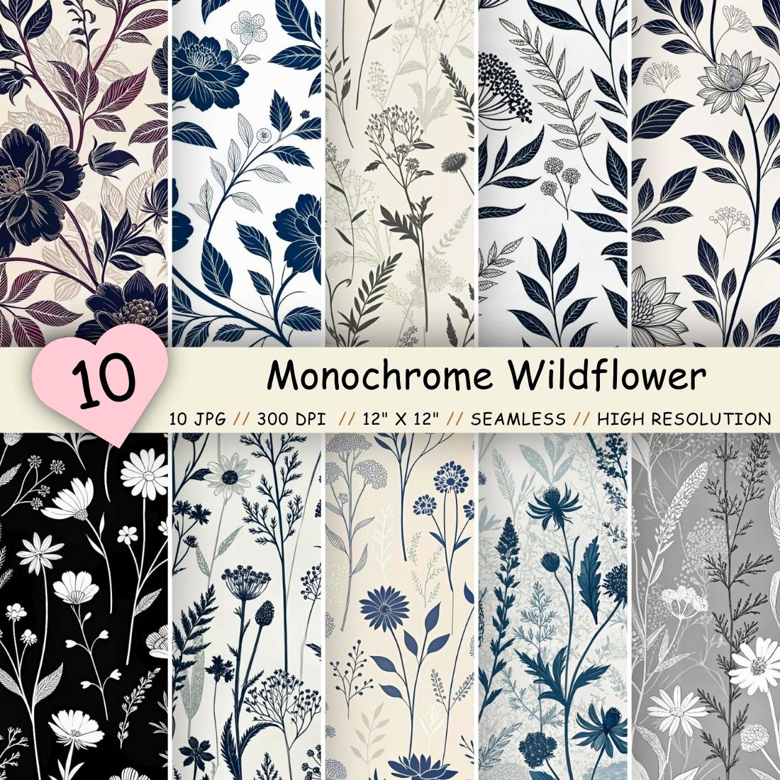 Monochrome Wildflower Silhouettes Pattern, Seamless Digital Paper cover image.