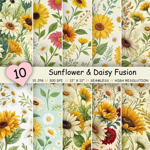 Sunflower & Daisy Fusion Pattern, Seamless Digital Paper cover image.