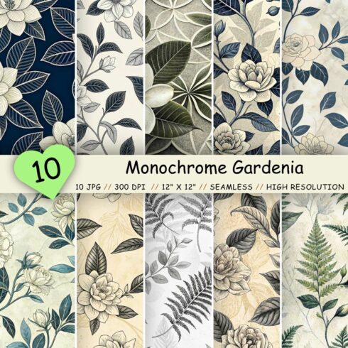 Monochrome Gardenia Elegance Seamless Pattern – Black & White Botanical Sketch cover image.