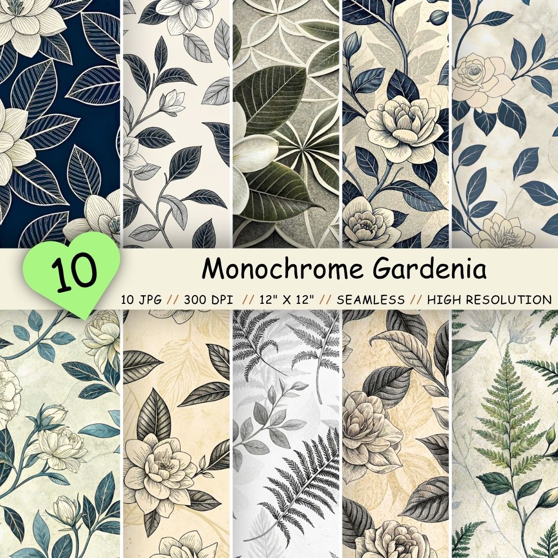Monochrome Gardenia Elegance Seamless Pattern – Black & White Botanical Sketch cover image.