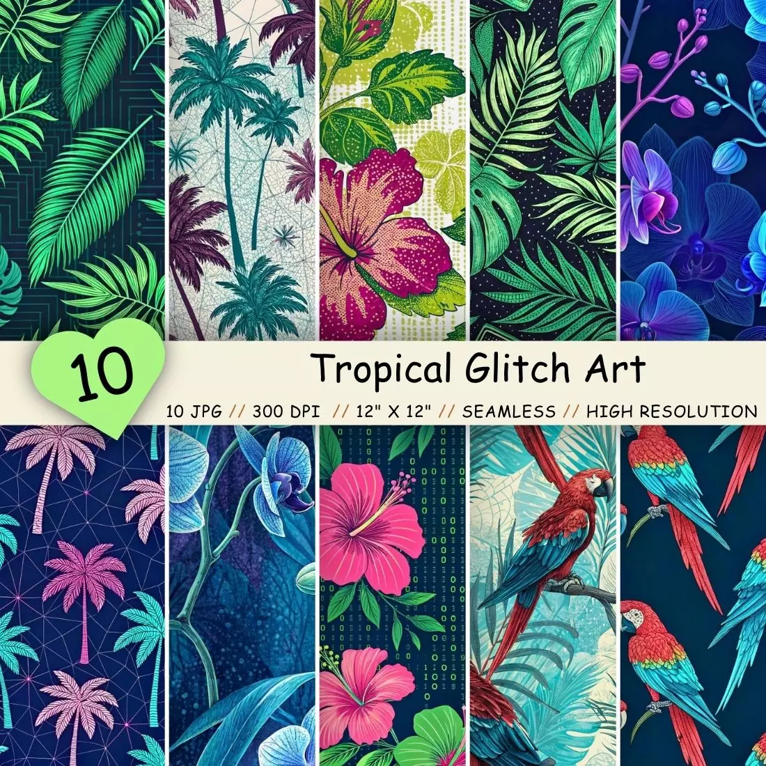 Tropical Glitch Art Seamless Pattern – Digital Distortion & Neon Flora cover image.