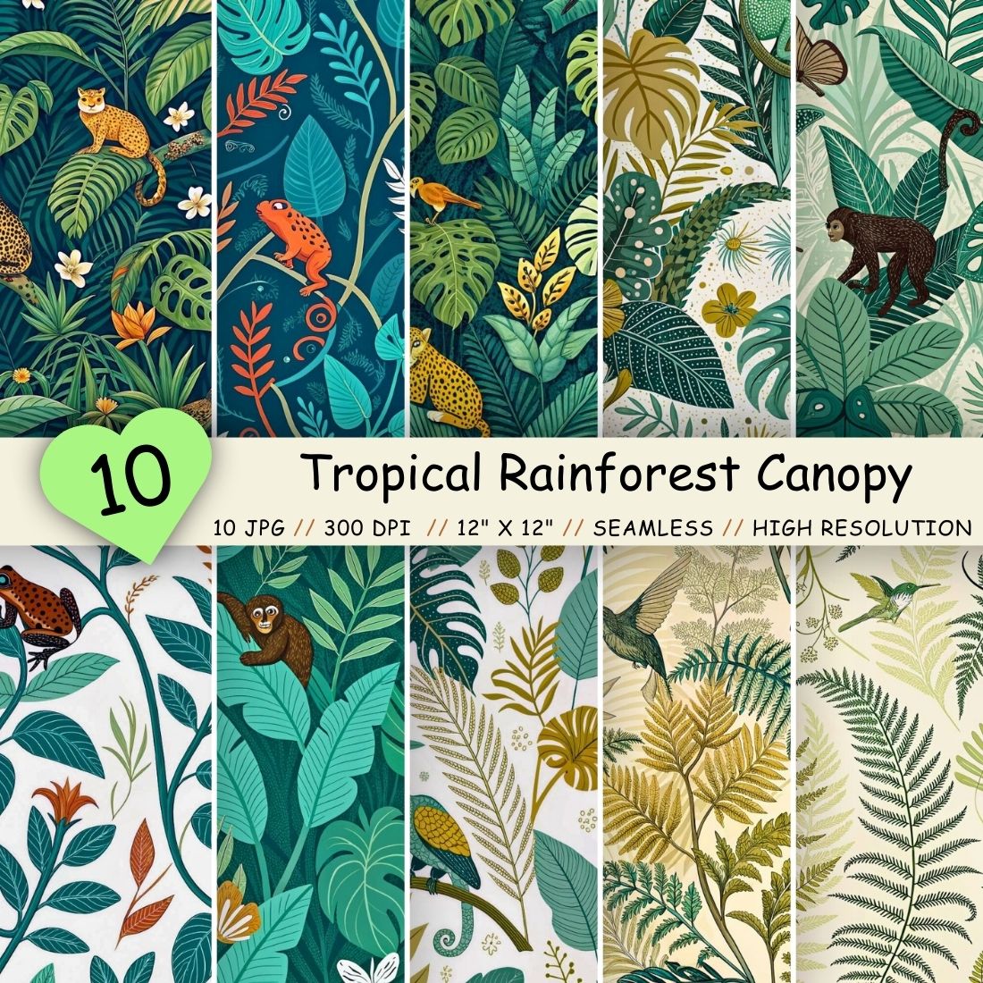 Tropical Rainforest Canopy Seamless Pattern – Hidden Wildlife & Parrots cover image.