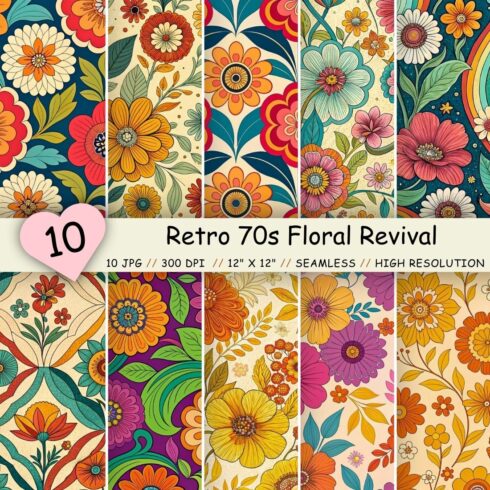 Retro 70s Floral Revival Digital Paper, Seamless Pattern cover image.