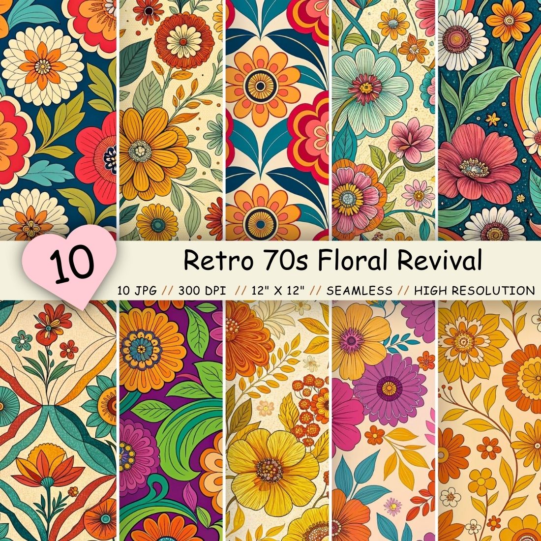 Retro 70s Floral Revival Digital Paper, Seamless Pattern cover image.