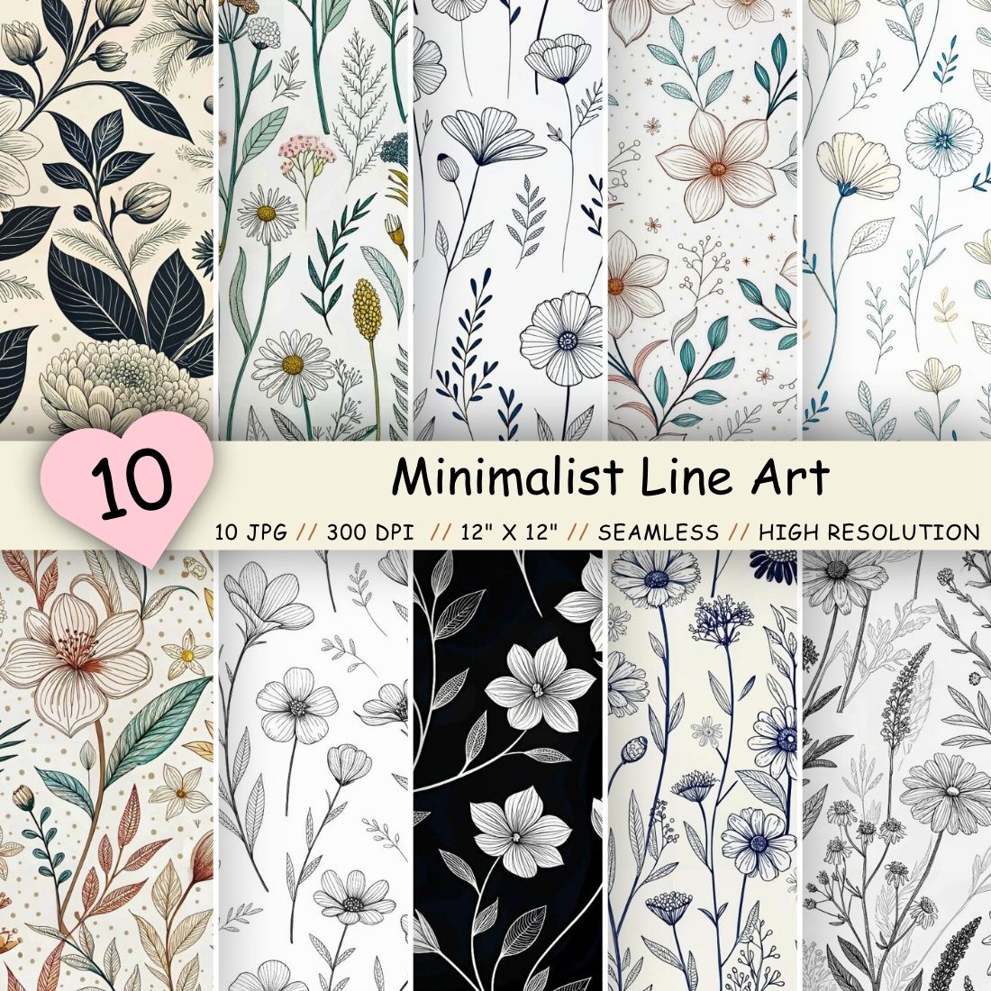 Minimalist Line Art Wildflowers Pattern – Seamless Digital Paper cover image.