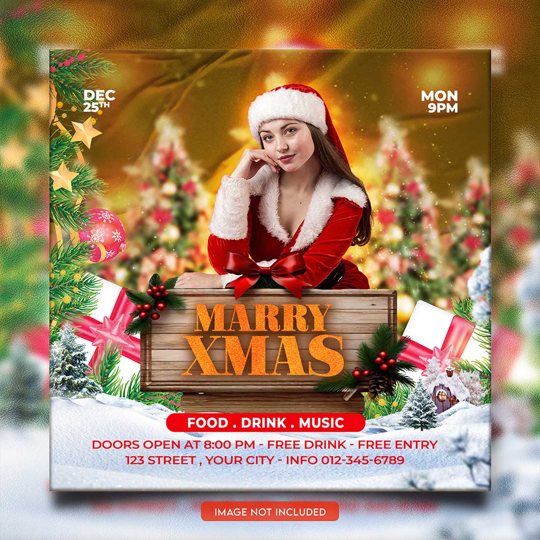 Merry christmas and happy new year night party social media post and Instagram template in Adobe Photoshop preview image.