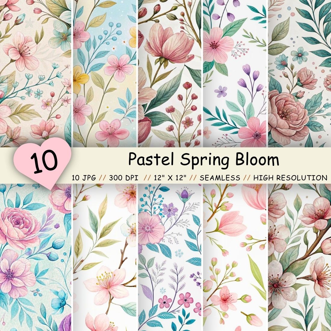 Pastel Spring Bloom Seamless Pattern, Seamless Digital Paper cover image.