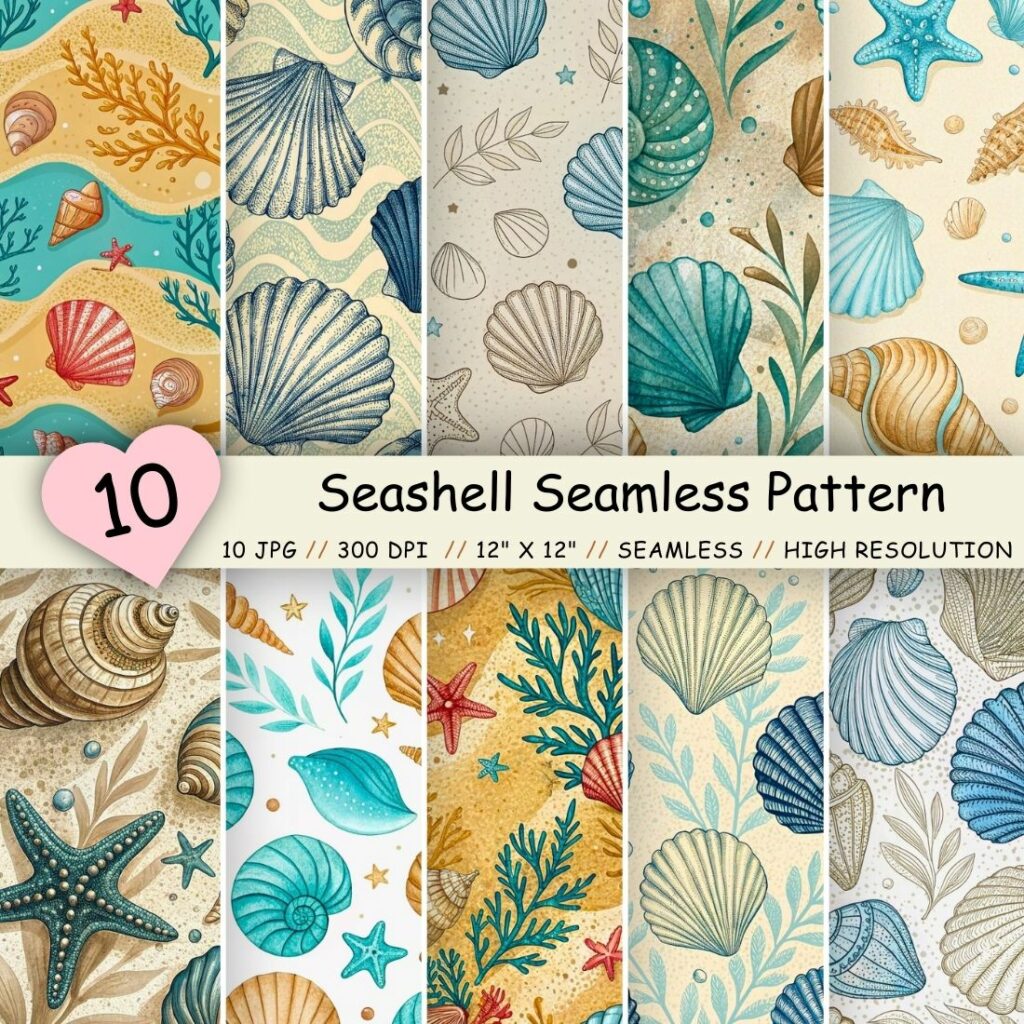 Ses Shell Pattern Seashell Seamless Pattern - Sandy Beige & Ocean Blue Tones - MasterBundles