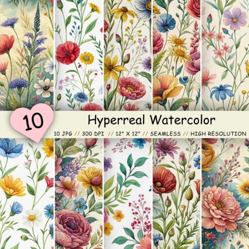 Hyperreal Watercolor Wildflowers Pattern – Seamless Digital Paper cover image.