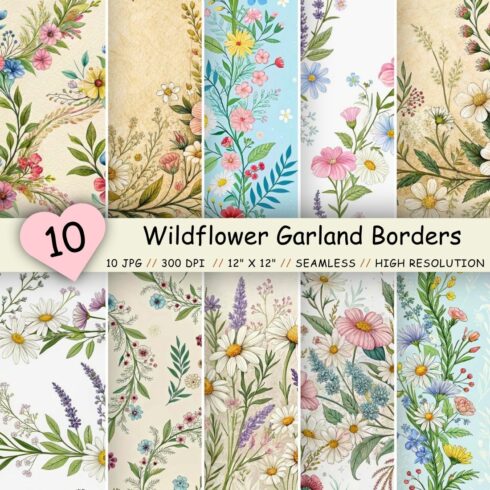Wildflower Garland Borders Pattern, Seamless Digital Paper cover image.