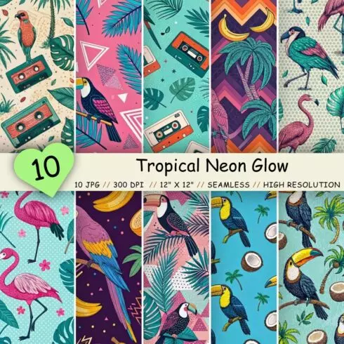Tropical Retro Miami Seamless Pattern – 80s Toucans & Neon Palms cover image.