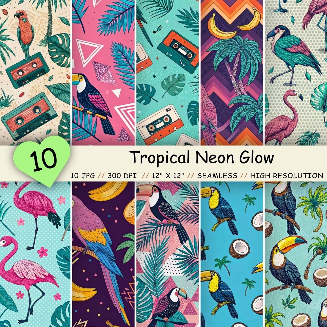 Tropical Retro Miami Seamless Pattern – 80s Toucans & Neon Palms cover image.
