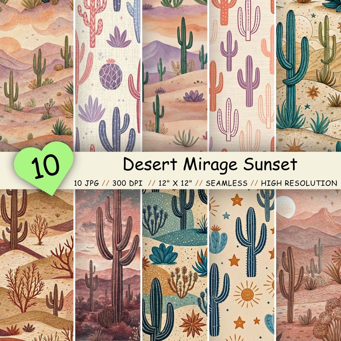 Desert Mirage Sunset Seamless Pattern – Floating Cacti in Peach & Lavender cover image.