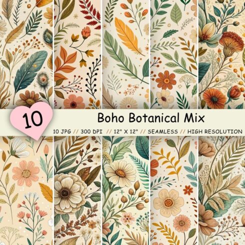 Boho Botanical Mix Seamless Pattern, Seamless Digital Paper cover image.