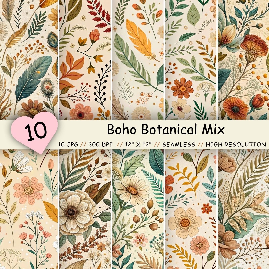 Boho Botanical Mix Seamless Pattern, Seamless Digital Paper cover image.