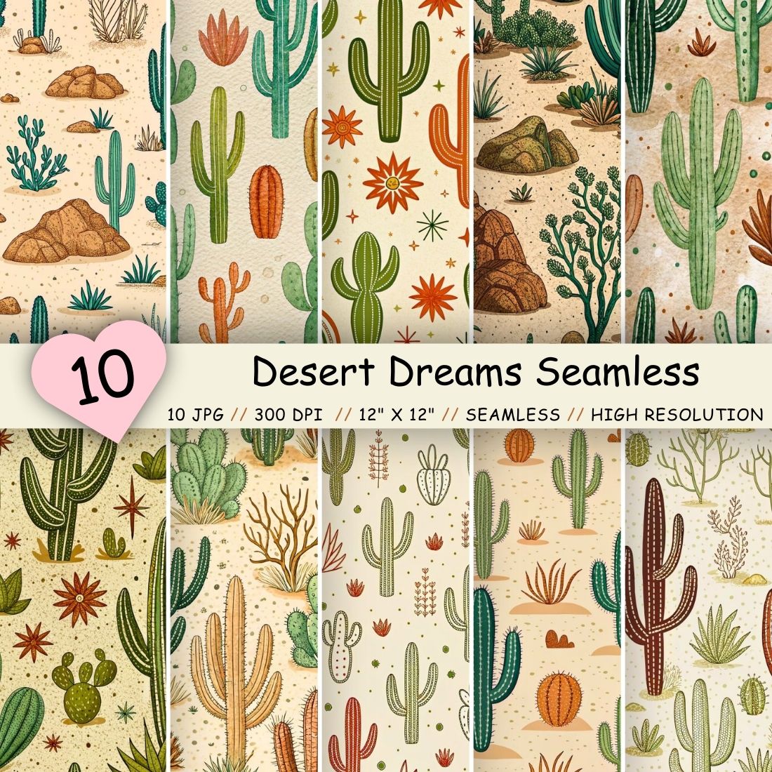 Desert Dreams Seamless Pattern – Sage Green Cacti & Terracotta Accents on Sandy Textures cover image.