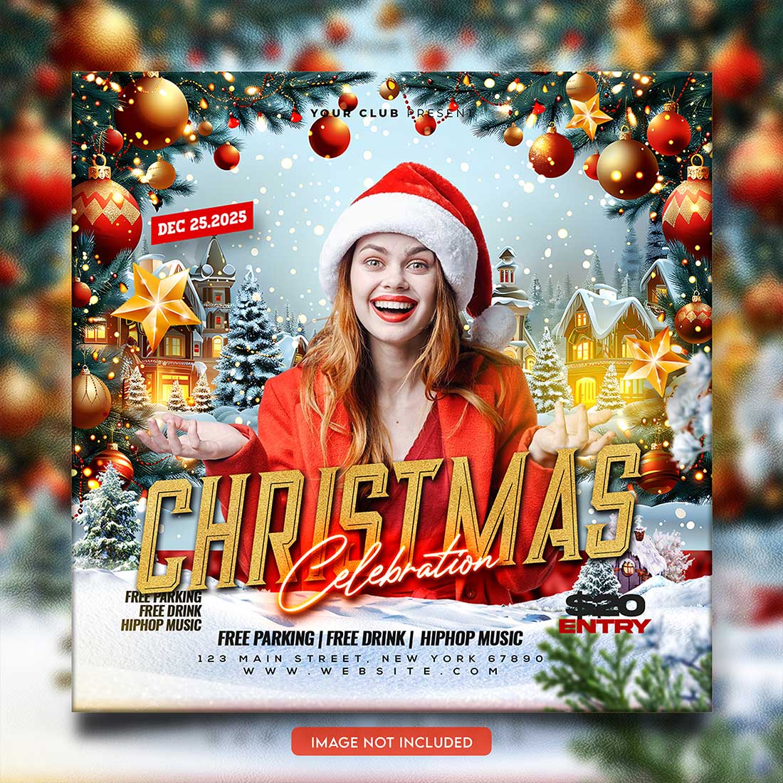 Merry christmas and happy new year night party social media post and Instagram template in Adobe Photoshop preview image.