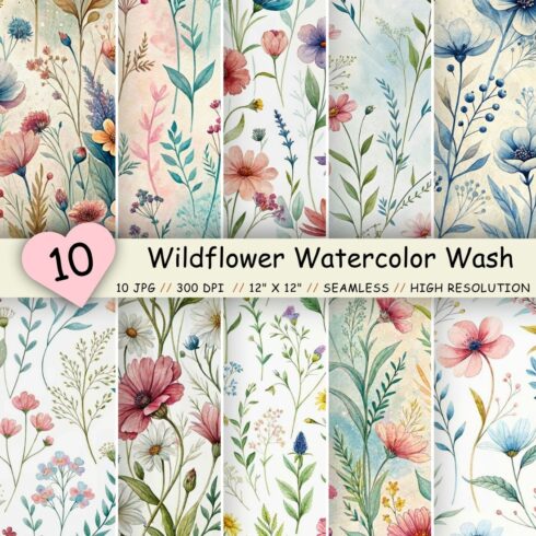 Wildflower Watercolor Wash Patterns, Seamless Digital Paper cover image.