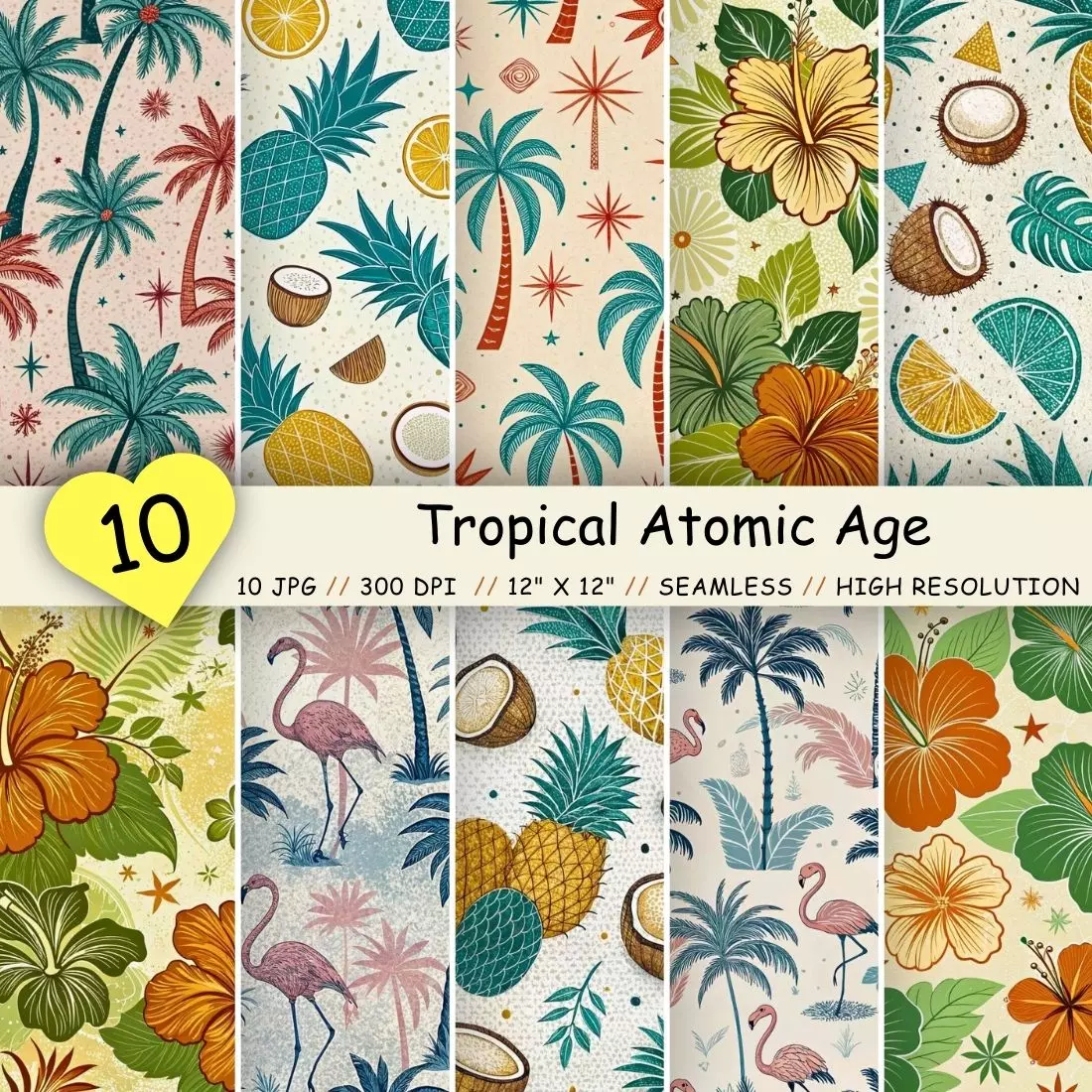 Tropical Atomic Age Seamless Pattern – Retro Geometric Palms & Pineapples cover image.