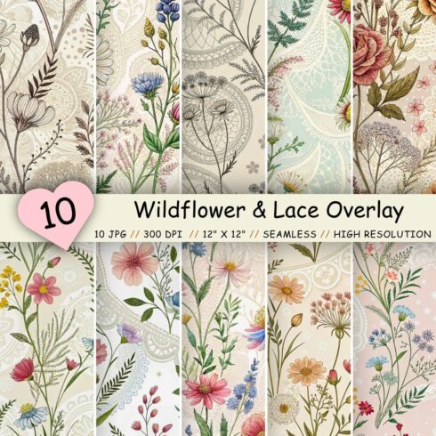 Wildflower & Lace Overlay Patterns – Seamless Digital Paper cover image.