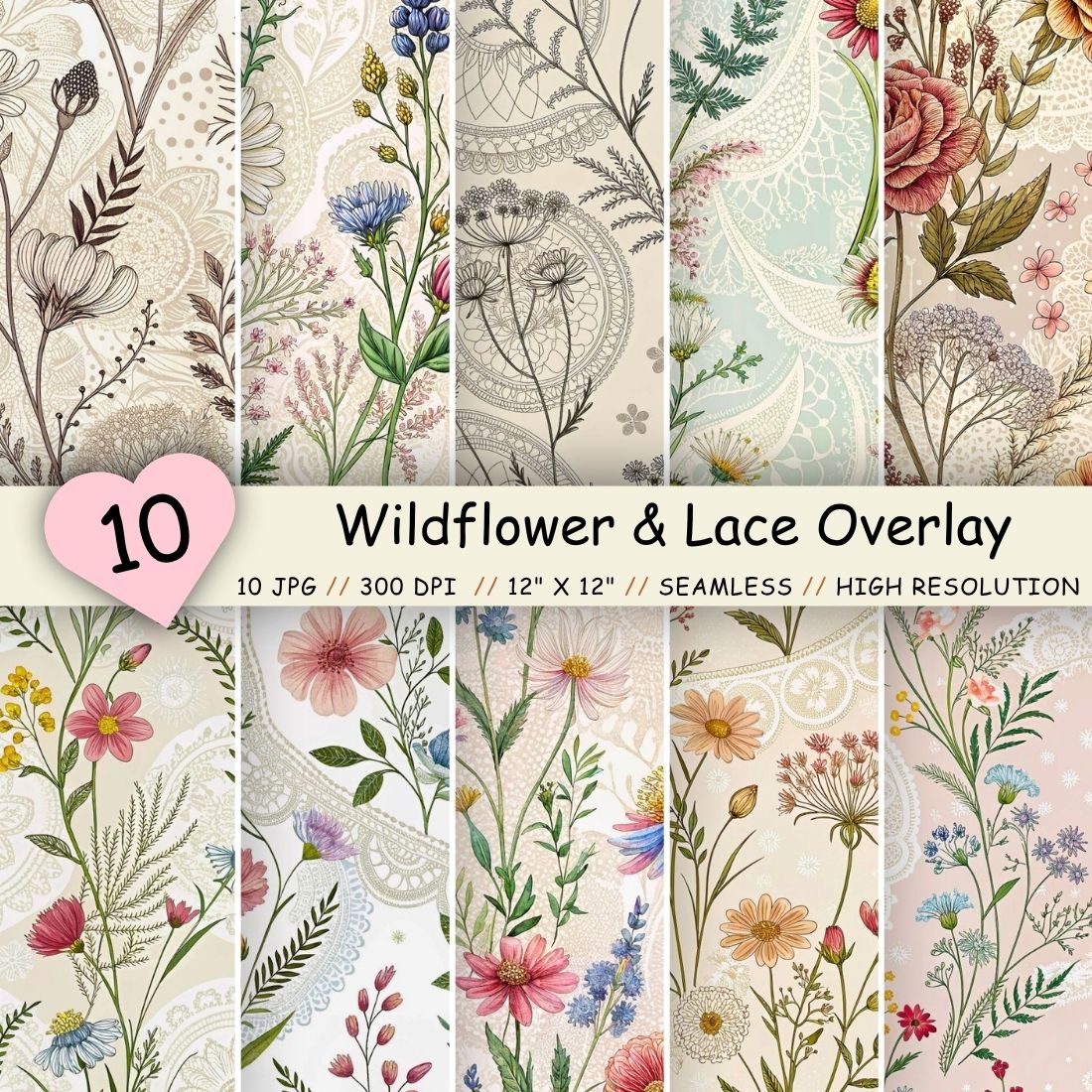 Wildflower & Lace Overlay Patterns – Seamless Digital Paper cover image.