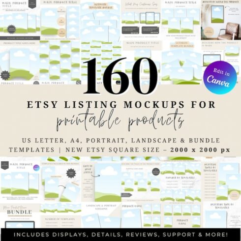 160+ Printables Etsy Listing Mockup Templates, Mockups for Printables, Canva Listing Templates, Sell on Etsy, Print Planner Image Mockups cover image.