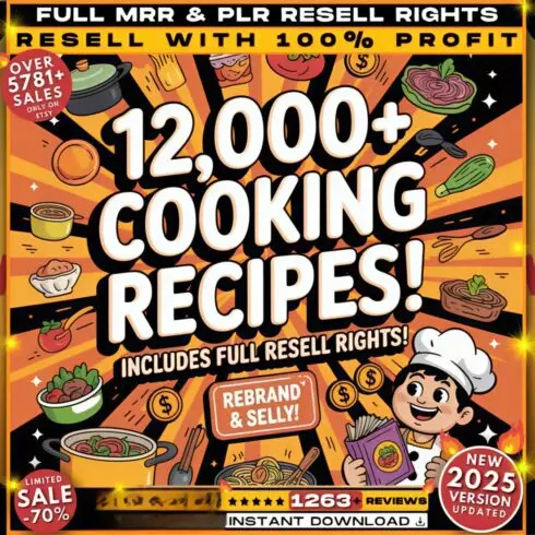 12,000+ Cooking Recipes Mega Bundle with Resell Rights – Digital Cookbook cover image.