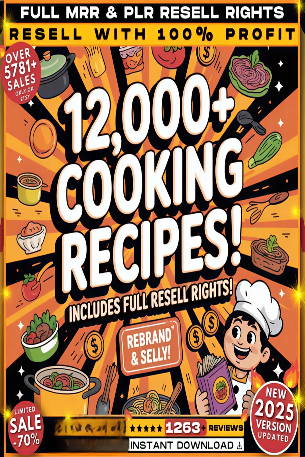 12,000+ Cooking Recipes Mega Bundle with Resell Rights – Digital Cookbook pinterest preview image.