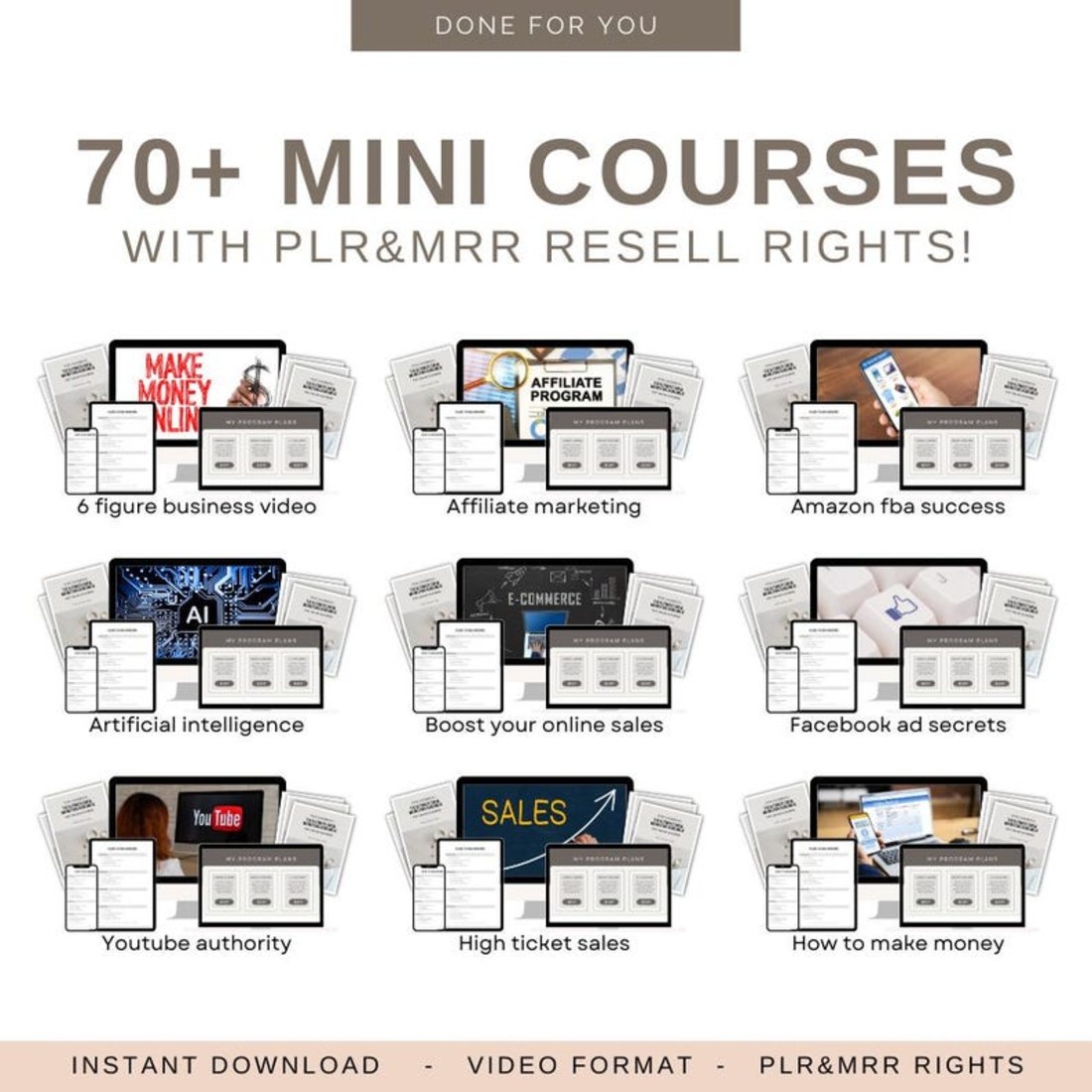 70 Mini Courses Bundle with Resell Rights, Online Digital Business,Digital Product Make Money Online Video Courses cover image.