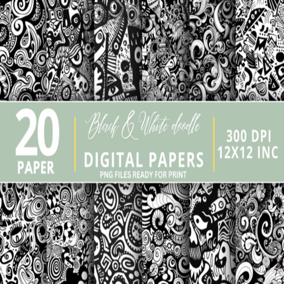 Black & White Doodle Digital Paper Bundle cover image.