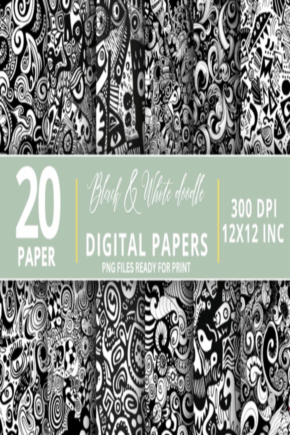 Black & White Doodle Digital Paper Bundle pinterest preview image.