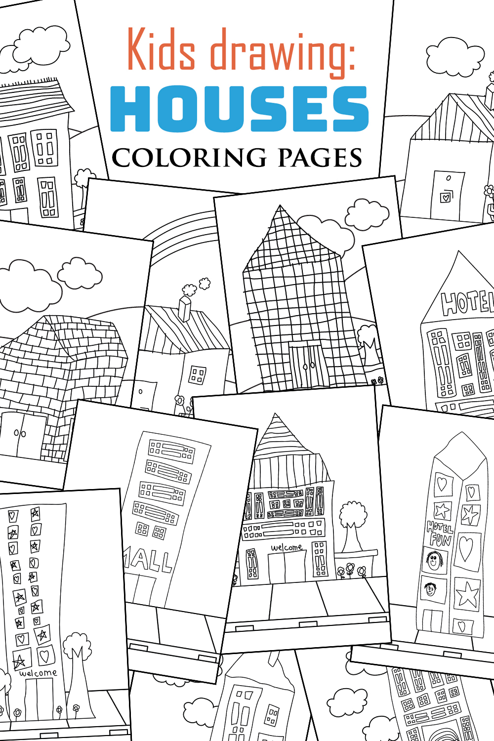 Cute Kids Drawing Abstract Building City House Hotel Mall Apartment With Creative and Imagination Art Cartoon Coloring Activity for School Homework pinterest preview image.