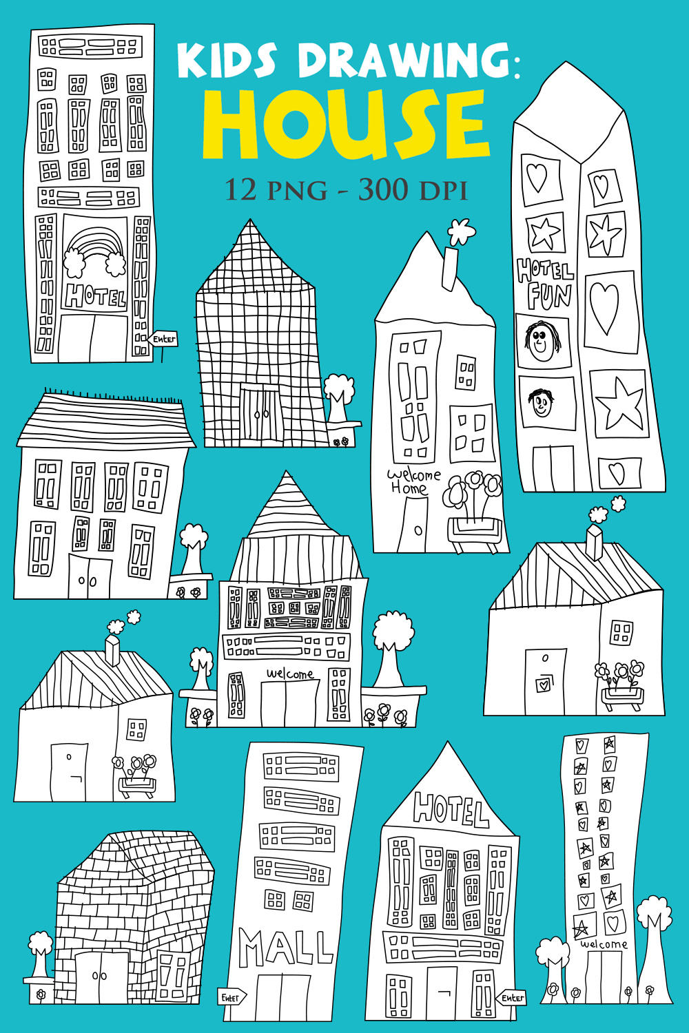 Cute Kids Drawing Abstract Building City House Hotel Mall Apartment With Creative and Imagination Art Cartoon Digital Stamp Outline Black and White pinterest preview image.