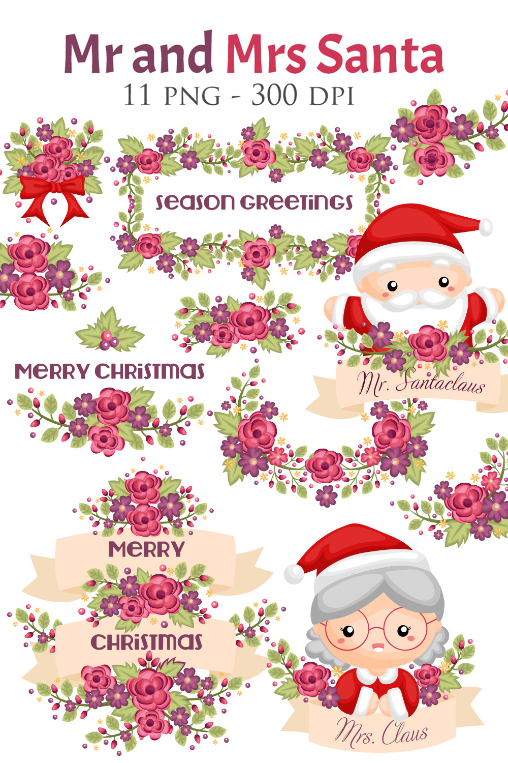 Cute and Funny Mr and Mrs Santa Claus Christmas Character Holiday Season Greeting Design Art Illustration Vector Clipart Sticker Decoration Background pinterest preview image.