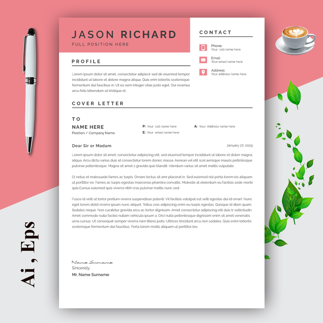 Resume Layout with Coral Accents preview image.