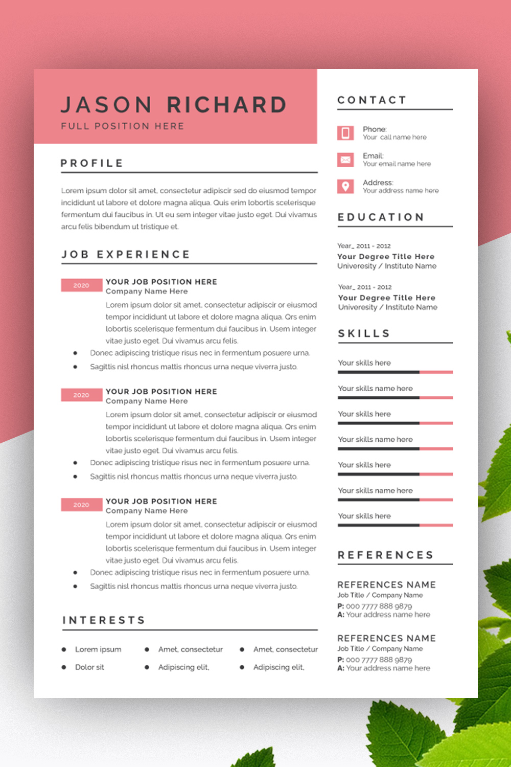 Resume Layout with Coral Accents pinterest preview image.